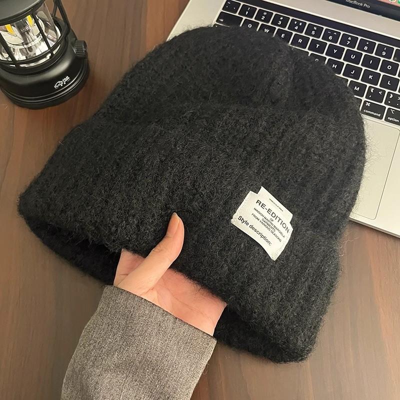 Wool Knit Hat For Winter With Letter Embroidery Warm Beanie For Outdoor Travel Black