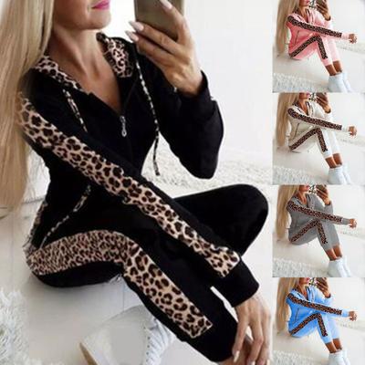 Long Sleeve Hooded Sweatshirt Pants Set Two Piece Leopard Stitching Drawstring Sporty Outfit Streetwear