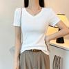 Jednobarevné tričko s V výstřihem a ramenními rybími kostmi s krátkým rukávem letní základní tričko s krátkým rukávem pro ženy tričko