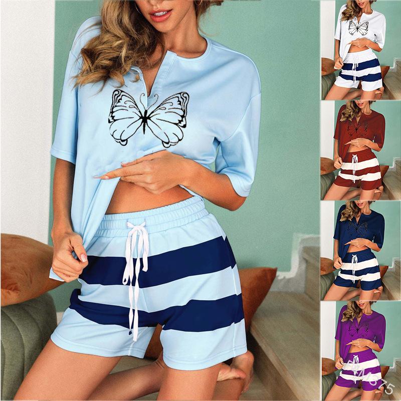 

женщины Мода Сексуальная Удобная пижама Бабочка Печать V-Neck Короткий рукав Top Средний Waist Случайный Тонкий Короткий Бинт Брюки Спортивный костюм две части