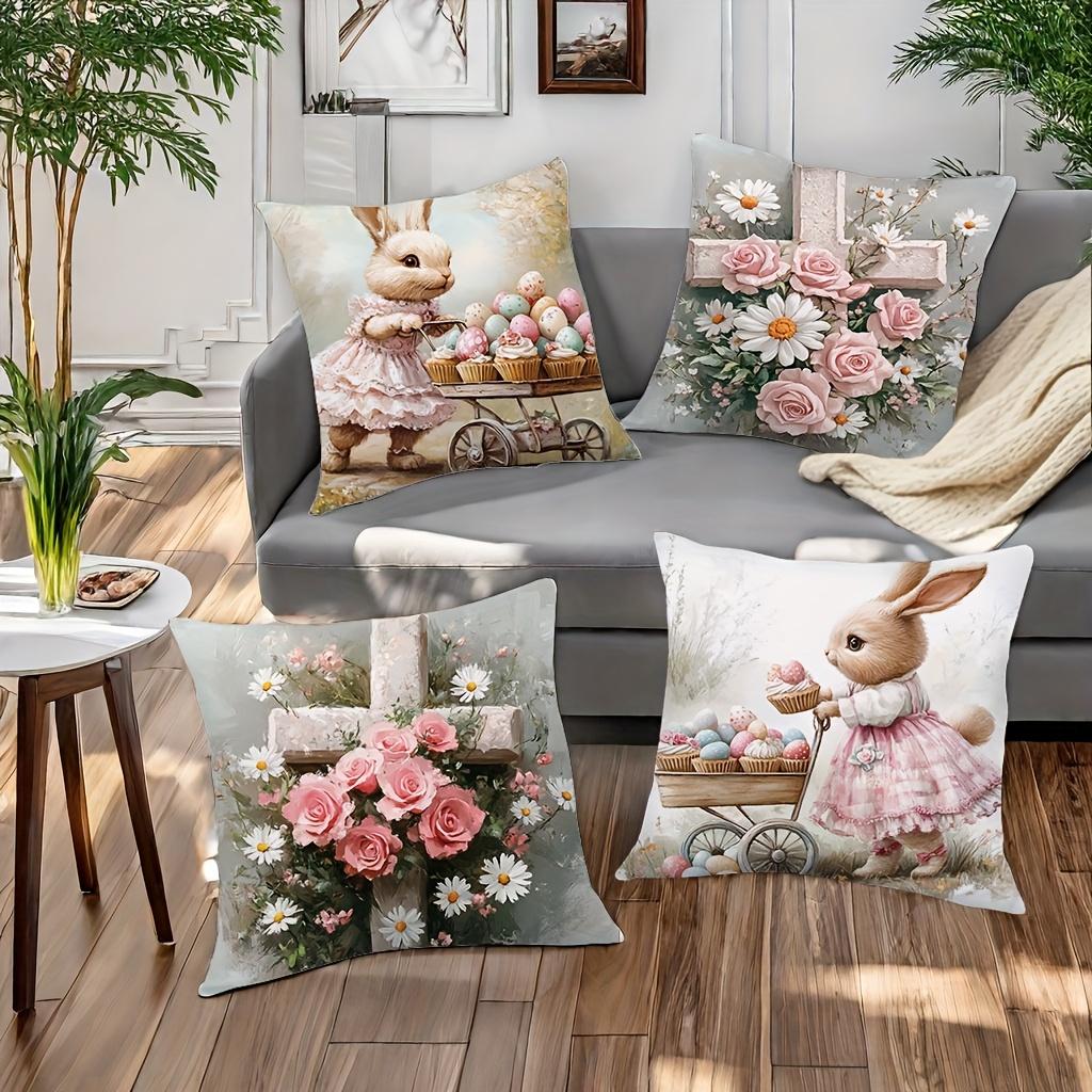 4 Easter Rabbit Pillow Covers Warm And Comfortable Polyester With Zipper Closure Machine Washable Perfect For Living Room Sofa