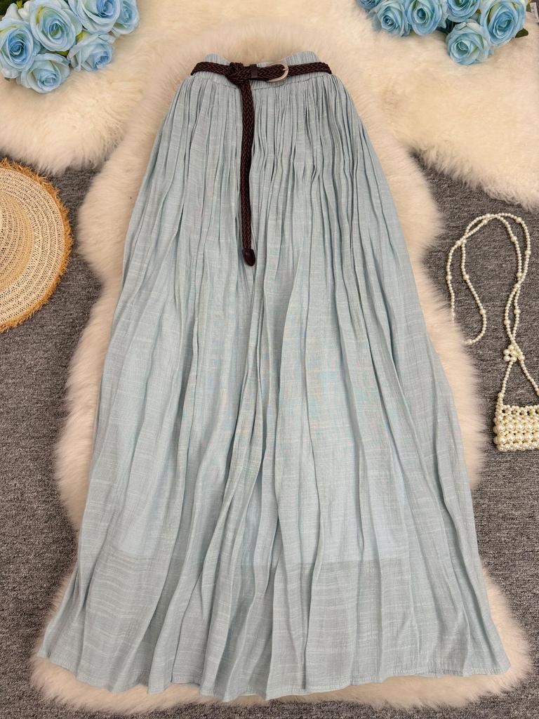 European & American A-line Pleated Cotton Linen Skirt with Elastic Waist - Mid-Length, Versatile, Women's