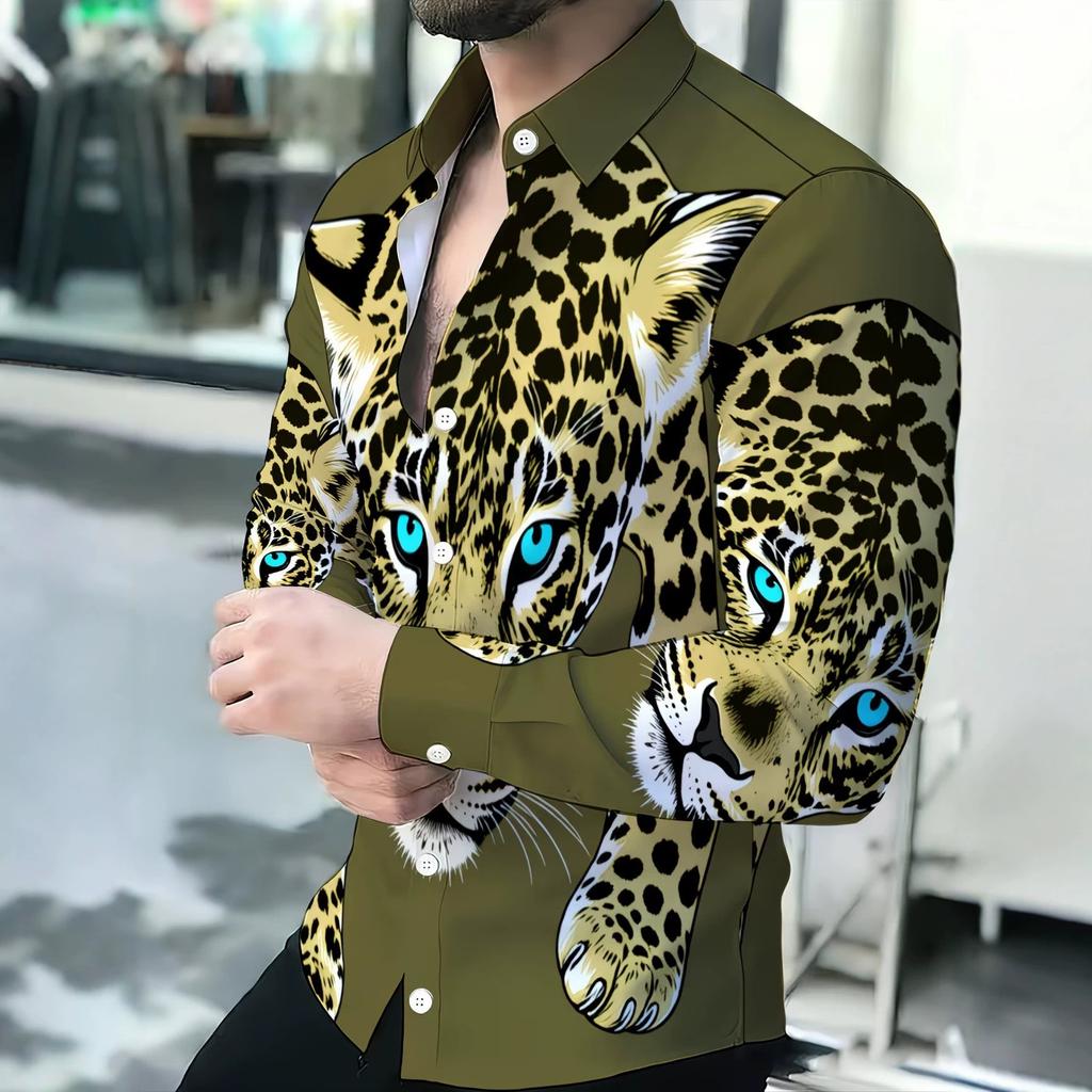 Vintage Leopard Print Shirt for Men Loose-Fitting Long Sleeve Fashionwear Summer Top