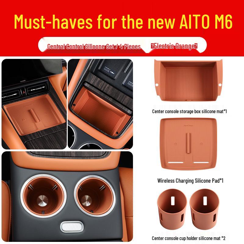 Compatible with 26 AITO M7 models, this silicone car interior set features wireless charging capabilities and decorative modifications.