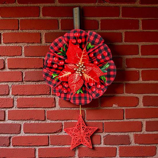 Christmas Wreath Decoration Red Artificial Poinsettias Buffalo Plaid Wreath with Star/Tree Ornament for Wall Window Porch Door Indoor Outdoor Decor