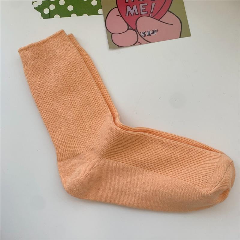 Bomull Ensfarvede Sokker for Kvinner, Høst Tynne Tynne Stripete Frotte-sokker for Kvinner, Midt-legg Sokker