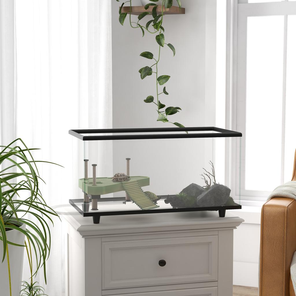 50L Glass Turtle Tank Aquarium with Basking Platform, Easy Drainage, Strip Patch Thermometer