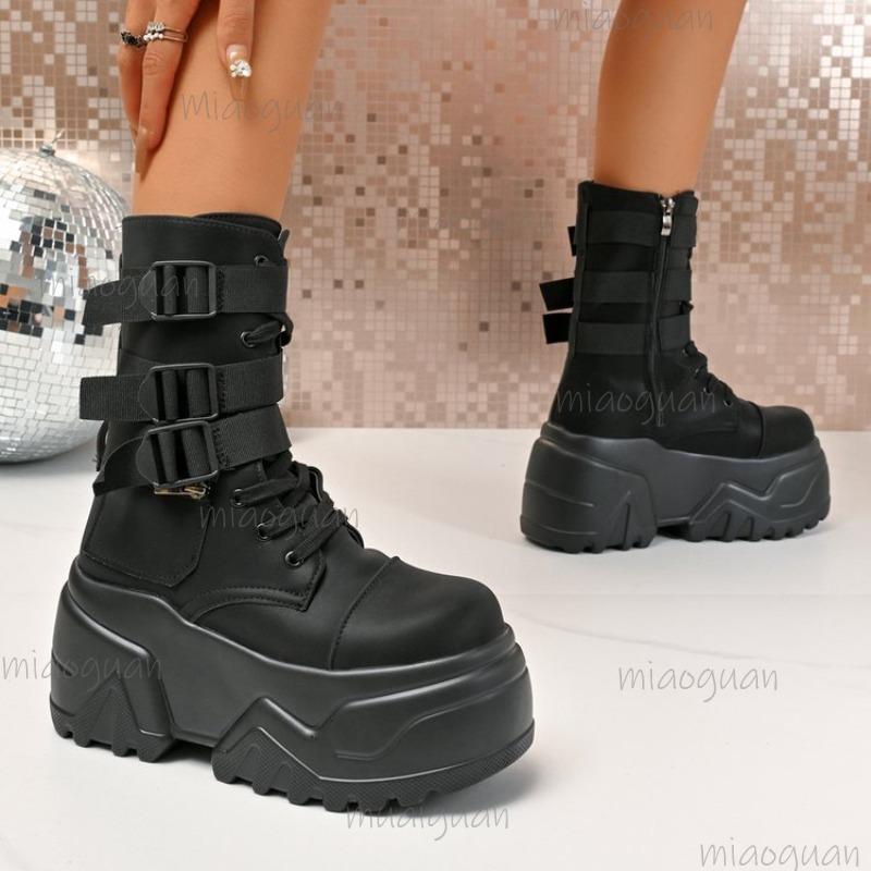 Punk Style Thick Bottom Women's Black Short Boots Side Zip Buckle Straps Platform Shoes for Women Zapatos De Mujer Size 35-42