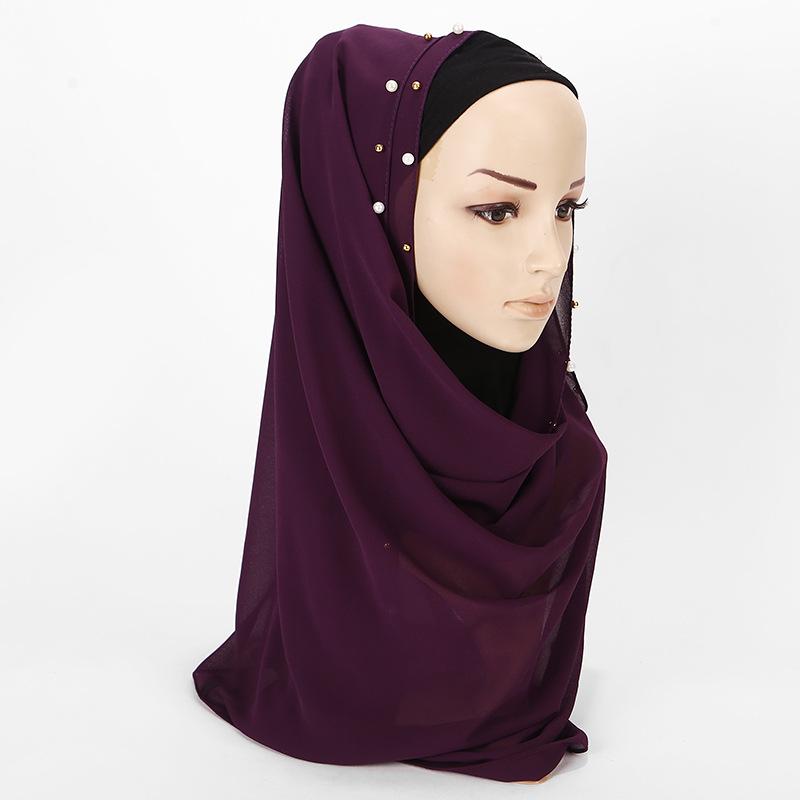 Women Solid Color Pearls Chiffon Scarf Muslim Lady Hood Headcloth