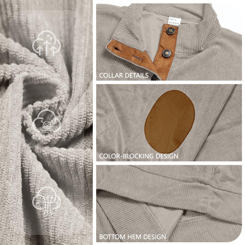 Men's Corduroy Sweatshirt Long Sleeve Pullover Quarter Button Up Collar Fall Casual Sweat Shirts Turtleneck Pullover Henley Mock Neck Tops for Men