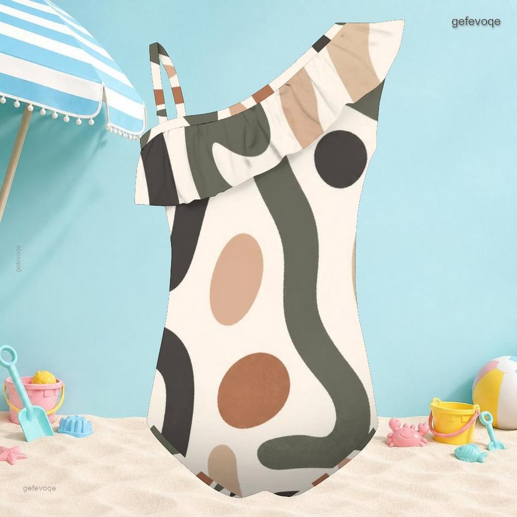 Costume da bagno intero da bambina a spalla singola con volant e stampa geometrica