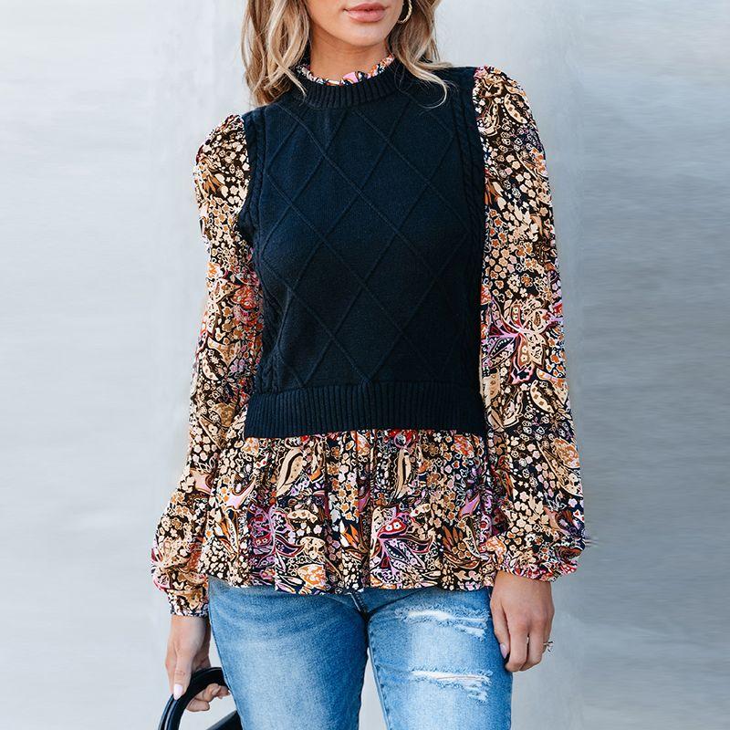 

2024 Autumn and Winter New Arrival Paisley Print Splicing Pullover Sweater Women Fashion Fashion Contrast Color Long Sleeves Tops Women Black S code fits (45.00 kg-55.00 kg