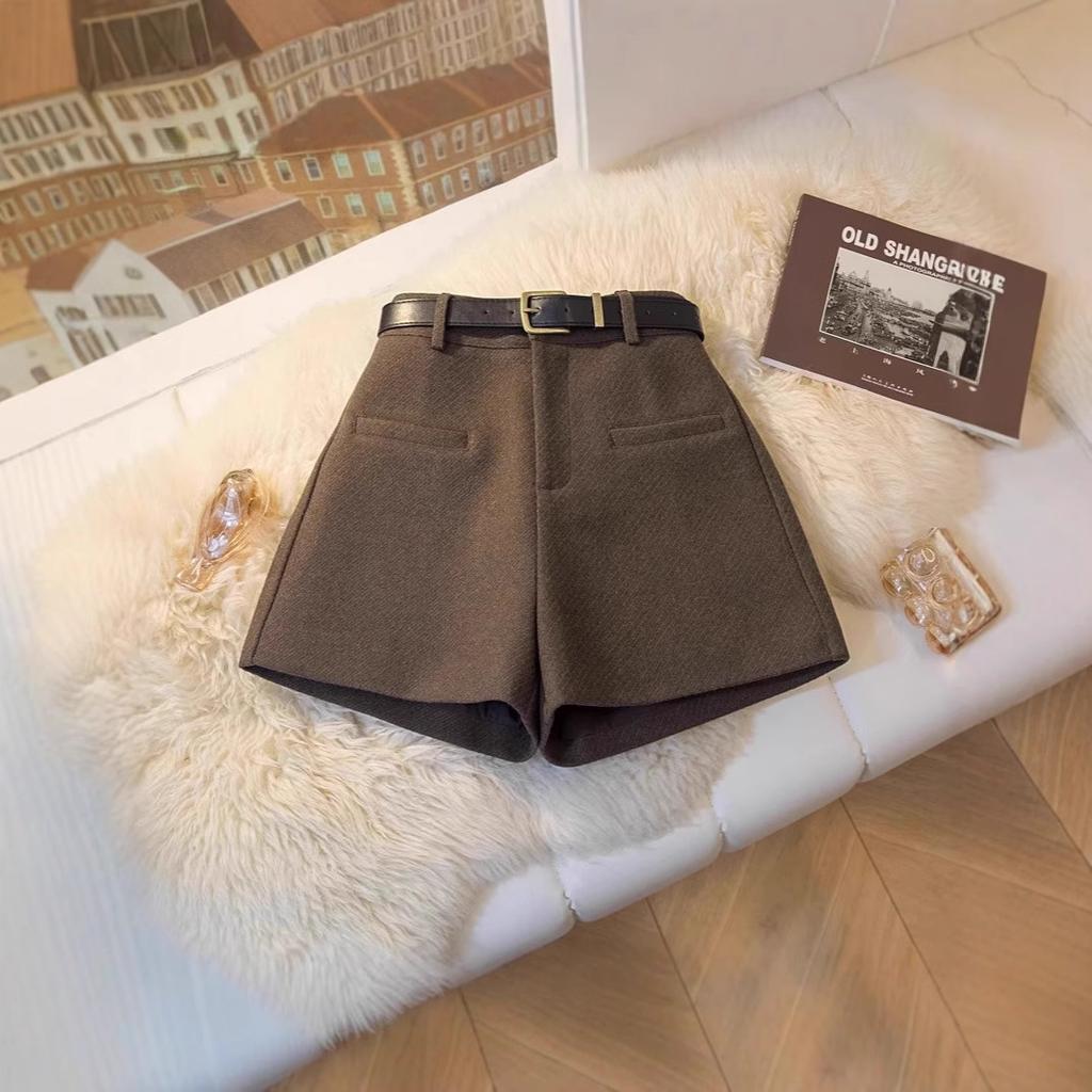 Women Woolen Shorts 2024 Autumn Winter High Waist A‑Line Wide‑Leg Boot Pants Petite Casual Outerwear Shorts