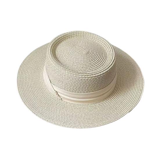 French Style Straw Hat with Large Brim Ribbon Decor Foldable Sun Protection Hat Summer Beach Travel Vacation Hat