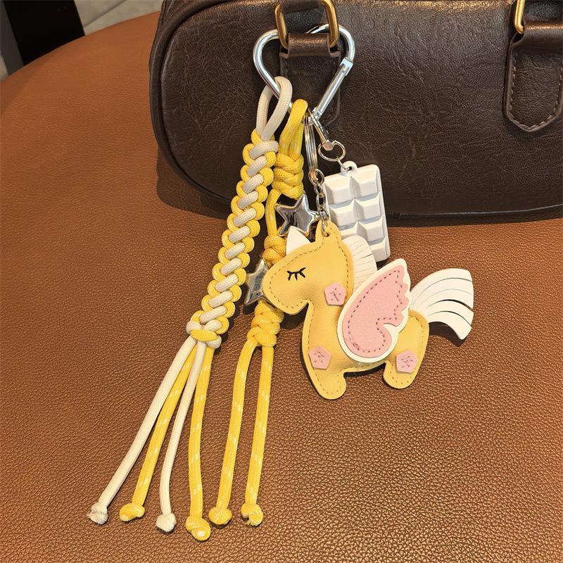 Miu Series Leather Keychain with Pegasus Charm and Woven Rope