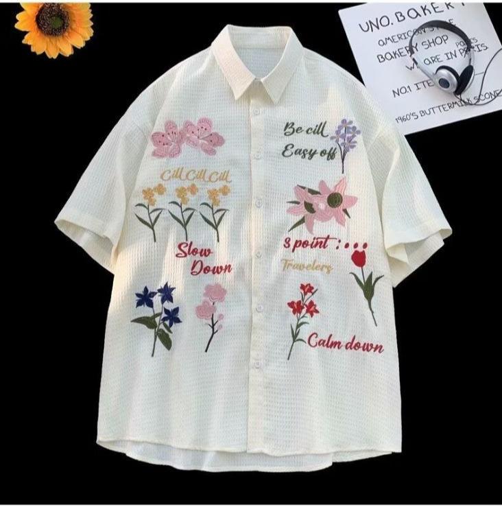 Kolorowa koszula damska z haftem kwiatowym, koszule z krótkim rękawem, luźne casualowe, letni damski oddychający top zapinany na jeden guzik