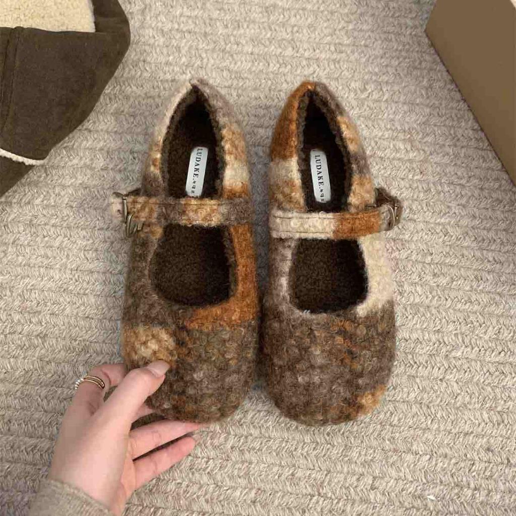 Fashion IPPEUM Mary Janes Shoes Women Winter Ballet Flats Buckle Plush Ballerinas Zapatos Mujer