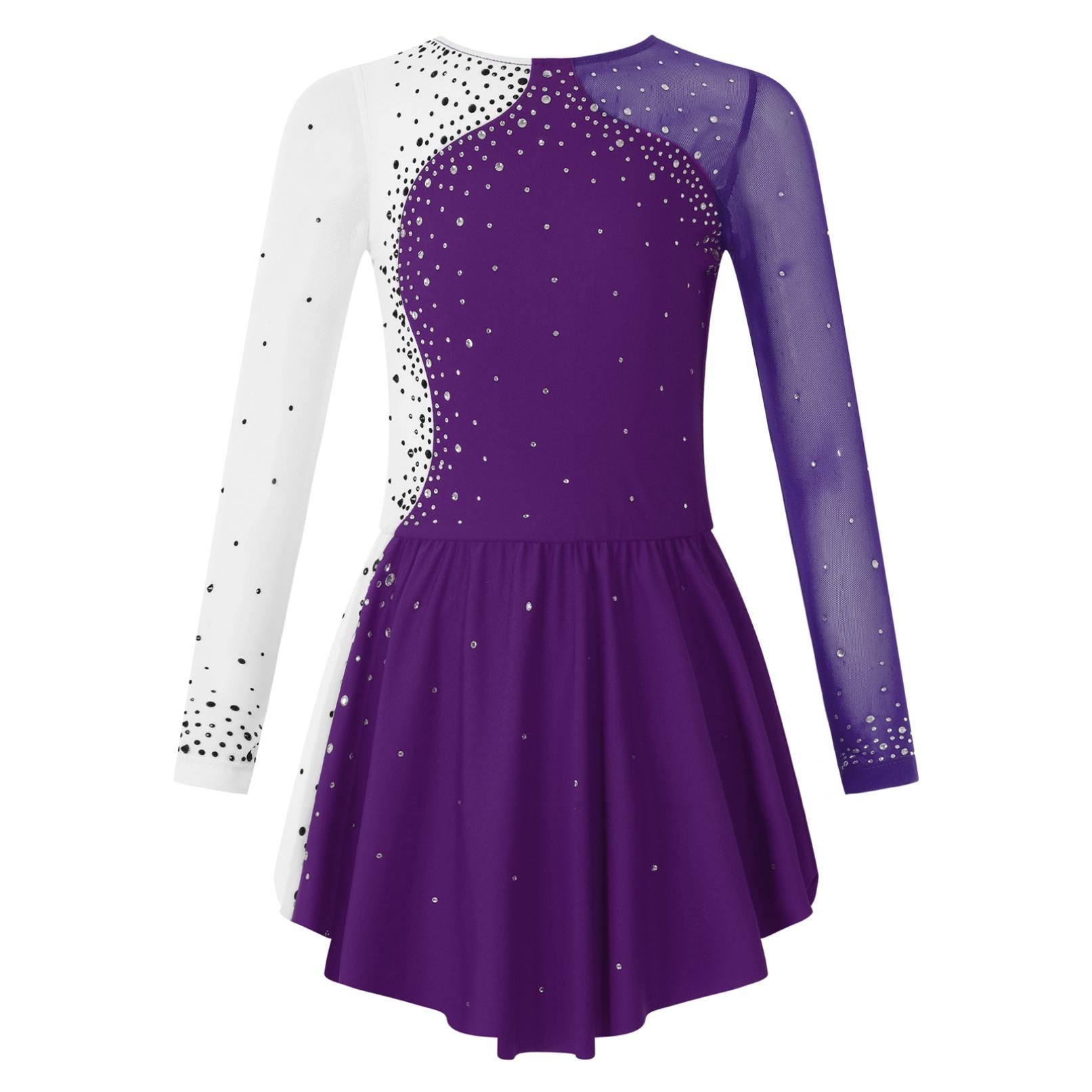 YOOJIA Meisjes Figuur Schaatsen Jurk Ballet Dans Gymnastiek Turnpakje Tutu Lange Mouw Glanzende Strass Sheer Mesh Jurken Danskleding 13-14 Years paars
