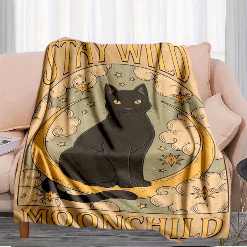 Moonchild Polyester Flannel Knit Throw Blanket - Abstract Whimsical Cat Design, All-Season Cozy Sofa & Bed Cover, Contemporary S