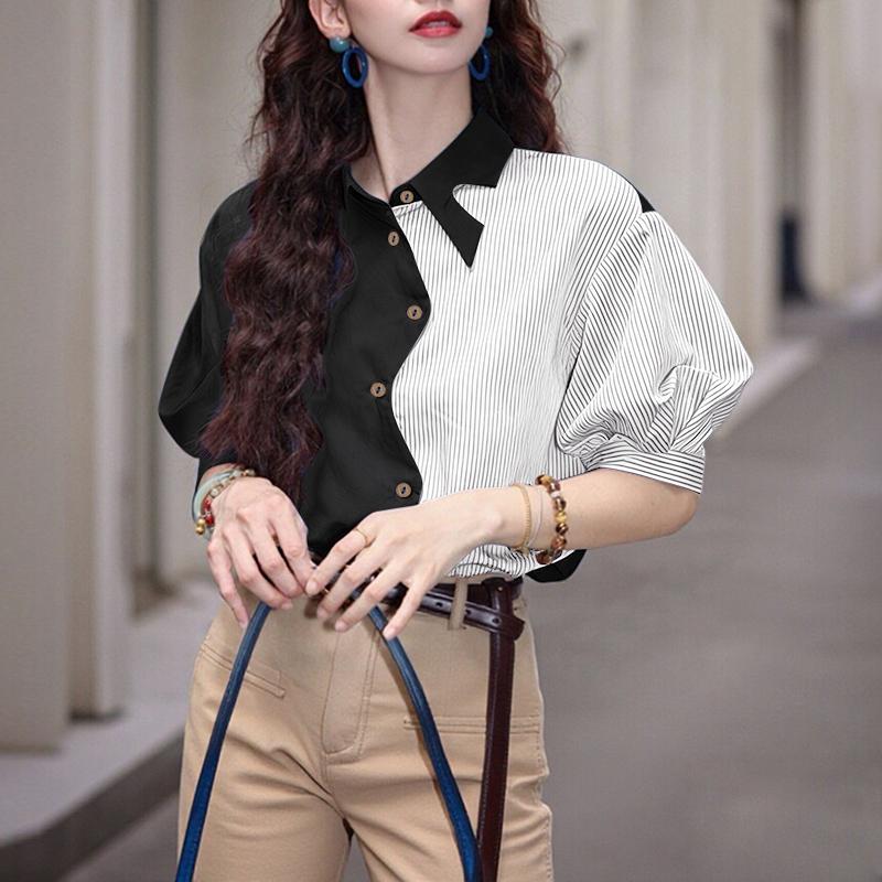 ZANZEA Women Casual Turn Down Collar Short Sleeve Stripe Patchwork Blouse