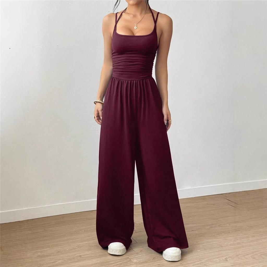 Women's Halterneck Suspender Pleated Waist Backless Jumpsuit