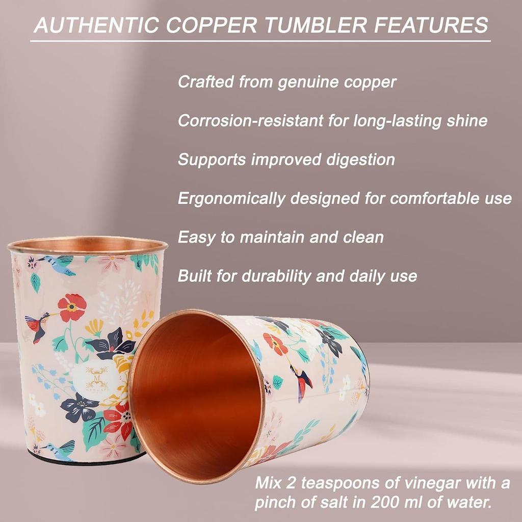 India Copper Premium Pink Gold Leaf Design Set of Two Glass with Elegant Gift Box, 250 MLPure Copper Glasses Set of 2 | Designer Meena Print