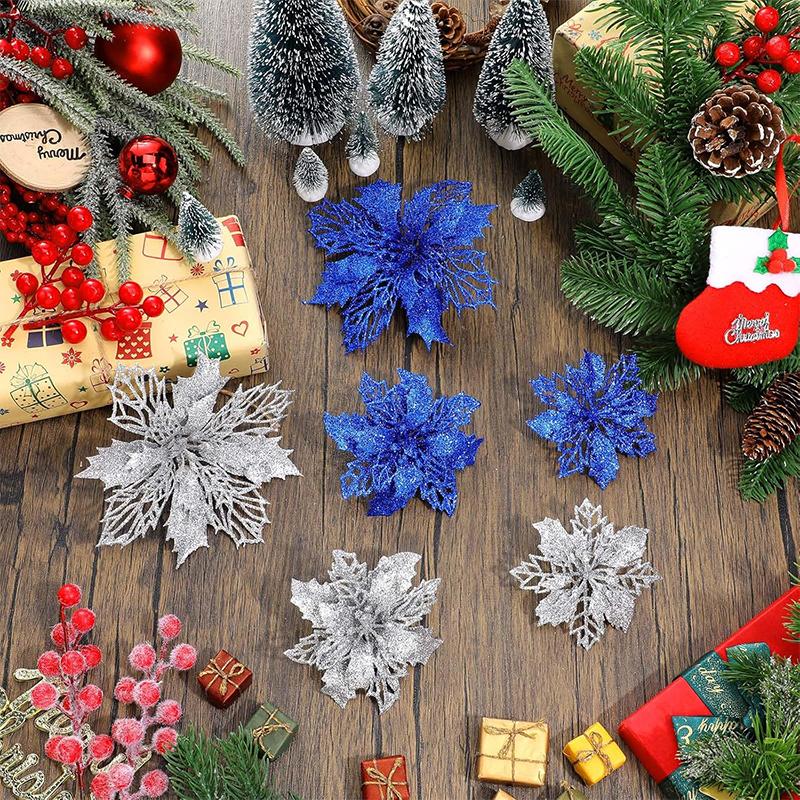 5pcs/lot Christmas Poinsettia Glitter Flowers with Clips Christmas Tree Ornaments Decor for Home Decor New Year Xmas Gifts