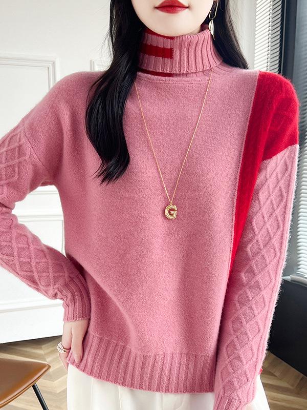 Women's Color Block Wool High Collar Pullover Sweater with Diamond Twist Knit