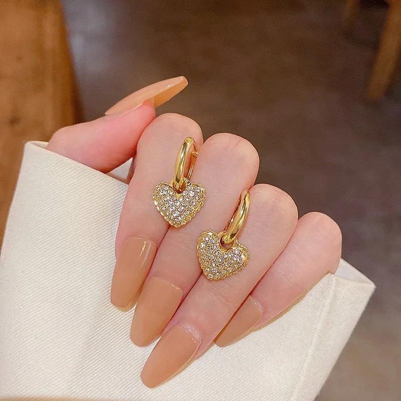 New Exquisite Fashion Zircon Heart Drop Dangle Earrings for Women Temperament Gold Color Crystal Hoop Korean Jewelry Accessories