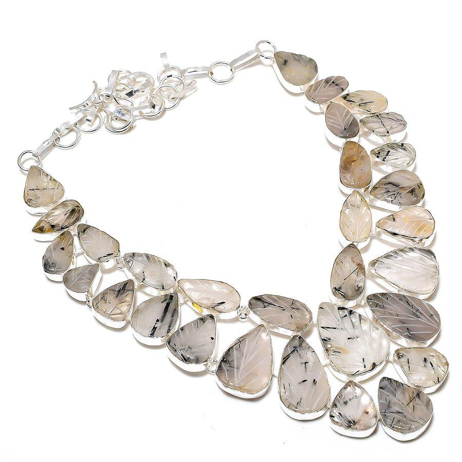 Black Rutile Gemstone Handmade 925 Sterling Silver Jewelry Necklace 18" SU-9753