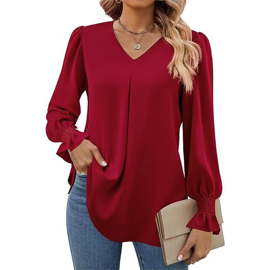 Women's Fall New Arrivals Solid Sheer Chiffon Shirt V-Neck Sleeveless Bell Sleeve Long Sleeve Top Blouse