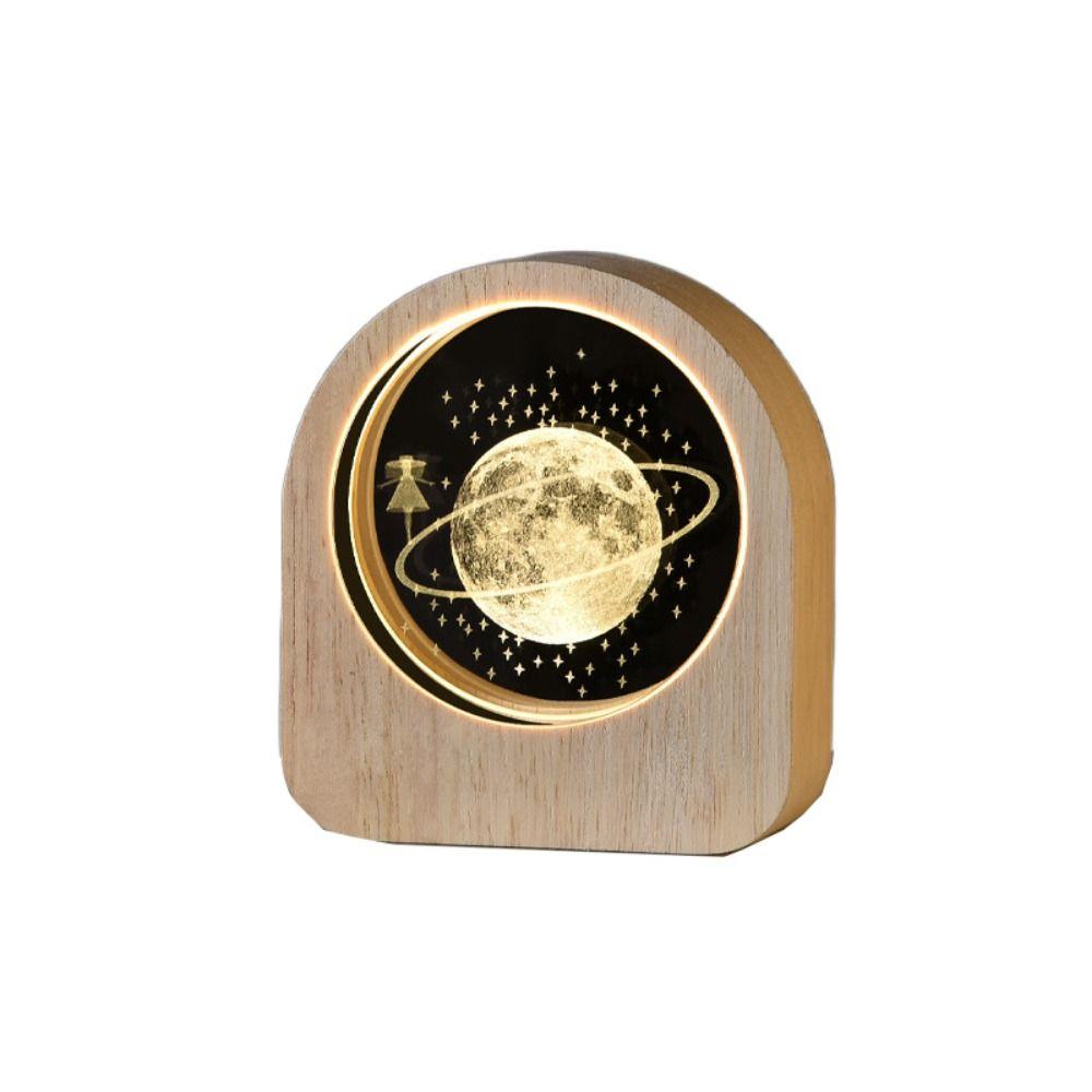 Warm Lights 3D Engraved Lamp Wooden Base Plug and Play Wood Crystal Night Light Decorative Laser Engraved