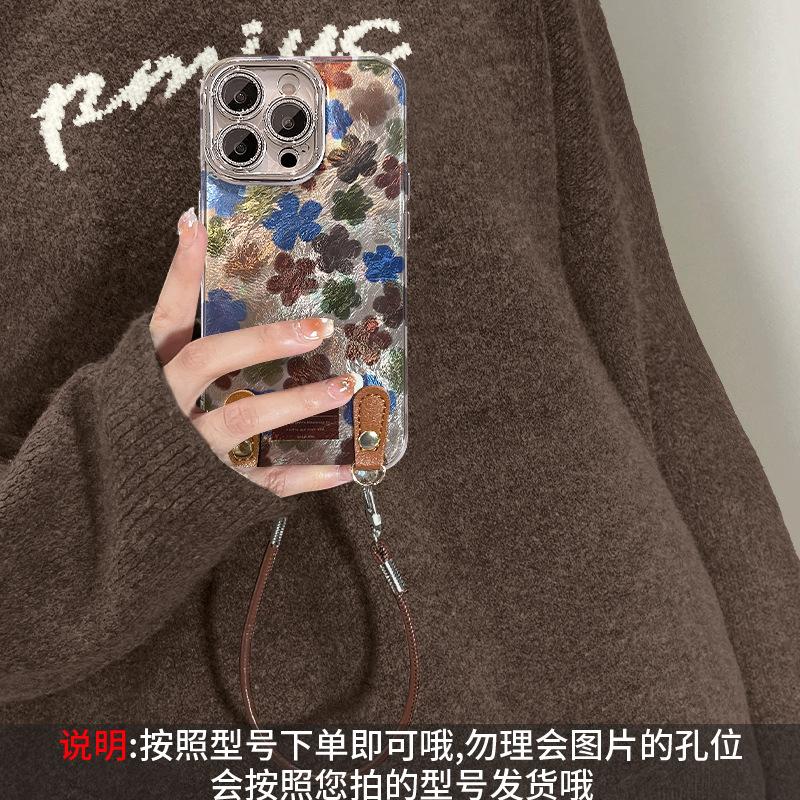 Retro Flower Bracket Lanyard Suitable for Apple 16e Mobile Phone Case Iphone15promax All-inclusive Lens Film 13