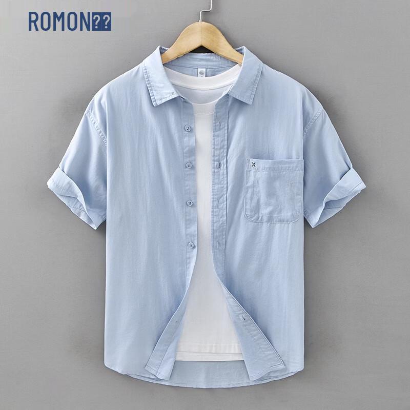 

ROMON Men s Summer Casual Short Sleeve Pure Cotton Shirt L