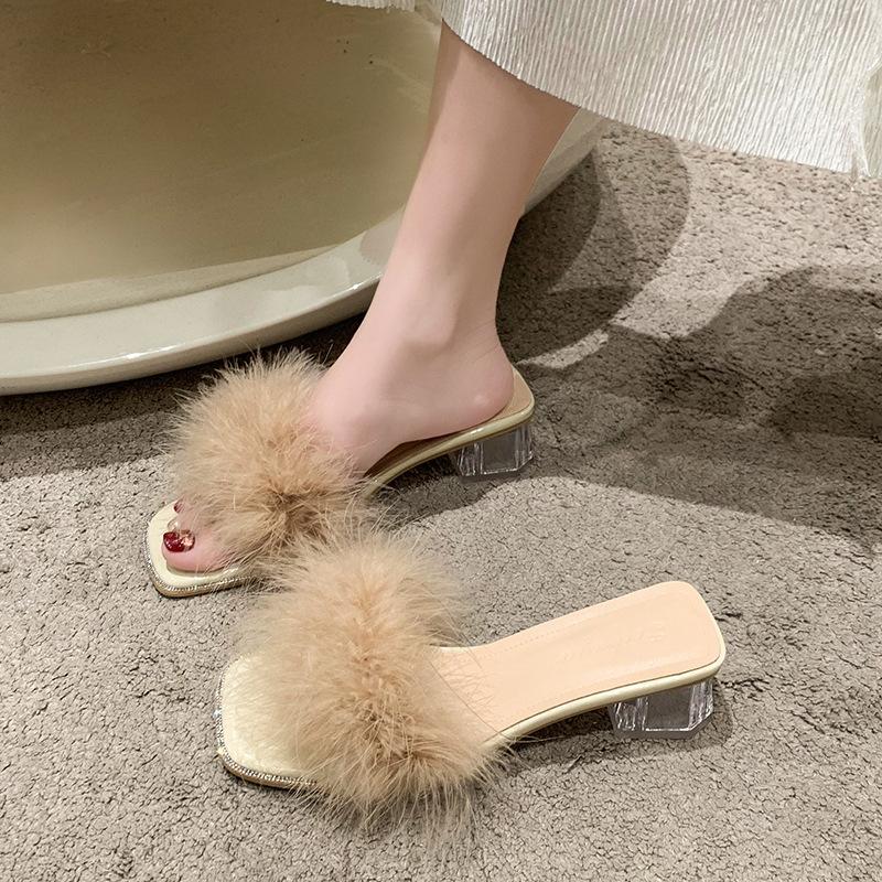 Fairy Wind Beautiful Hair Cool Slippers Female Summer Wear 2025 New Internet Celebrity Fashion Crystal Thick High Heel One-word Drag