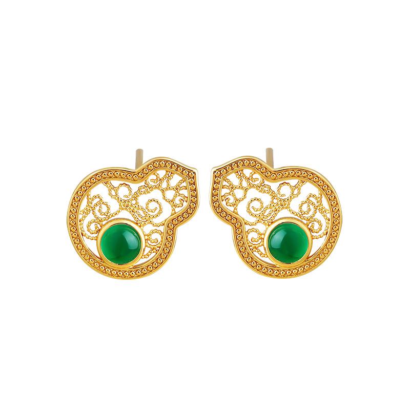 New Chinese Gourd Fulu Filigree Stud Earrings: Stylish High-End Emerald Design