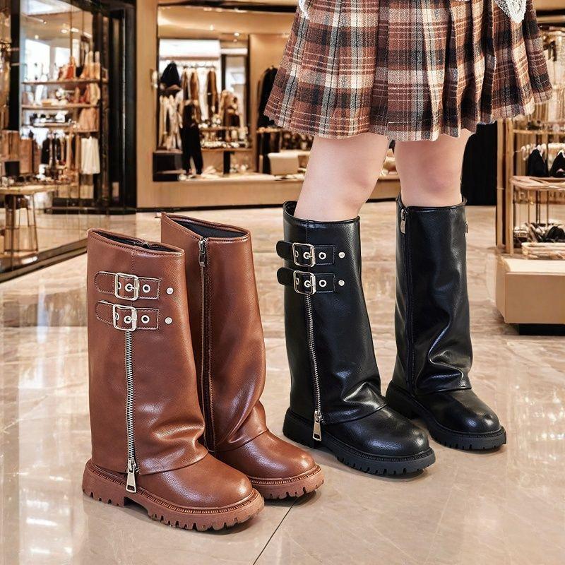 Stivali al ginocchio per bambina Scarpe con zip e fibbia per bambini Tacco quadrato Autunno Inverno Bambini Bambini Stivale lungo da cavaliere 27-37