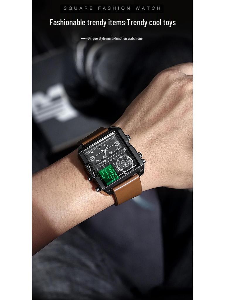 Binbang Fashion Men's Domineering Quartz Watch with Large Square Dial and Triple Display