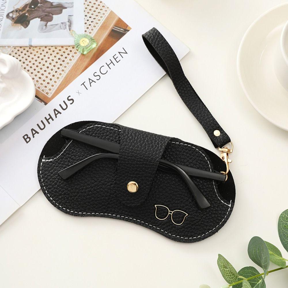 Soft Leather Glasses Bag Lychee Pattern Button Clip Sunglasses Case Portable with Wrist Strap Eyewear Storage Pouch