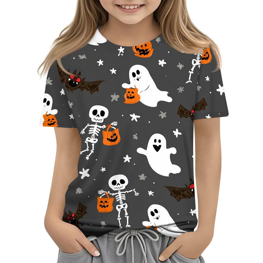 Kids Halloween Short Sleeve Shirt Ghost Skeleton Pumpkin Print Boys Girls Tee Casual Comfortable Fit Lightweight Fabric