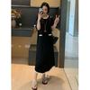 Plus Size French Round Neck Color Block Short Sleeve Dress - Elegant Summer Slimming Long Skirt for Women
