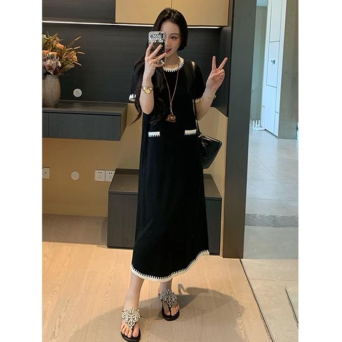 Plus Size French Round Neck Color Block Short Sleeve Dress - Elegant Summer Slimming Long Skirt for Women