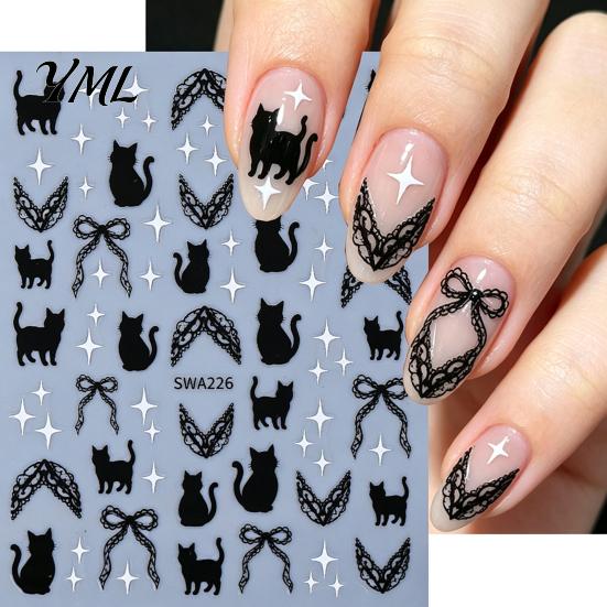 Women Nail Art Halloween Gothic Bat Stickers, Black Cat Bow Manicure Decoration Waterproof Stickers Decals, Girls Accessories for Holiday Party