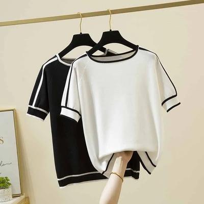 Casual Knitted T Shirt Mujer Summer Short Sleeve Tops Elegant Woman Clothes Striped Fashion Shirt