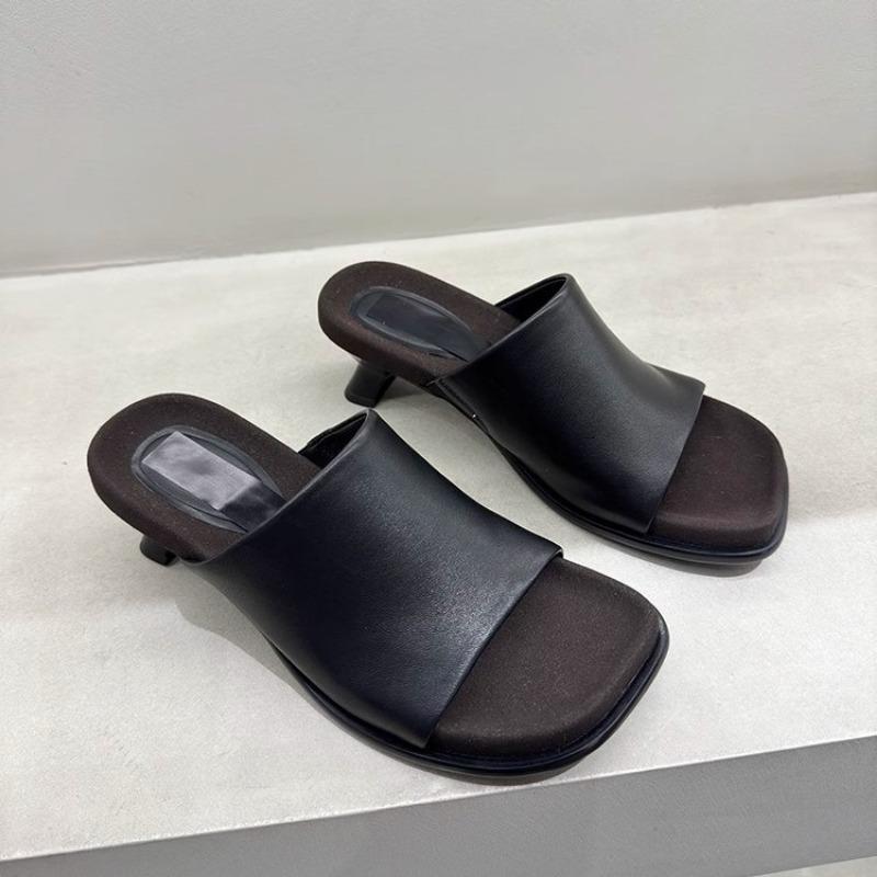 Super soft and waxy sheepskin women's slippers wear summer new leather medium heel kitten and one-word mop versatile sandals