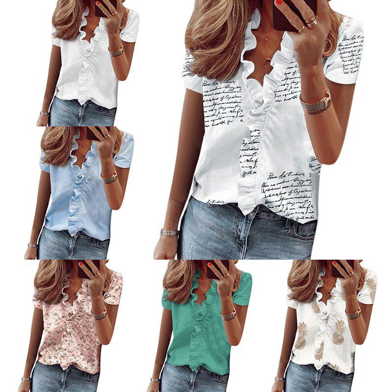Stylish Women's V Neck Ruffle Short Sleeve T Shirt With Fashionable Daisy Print