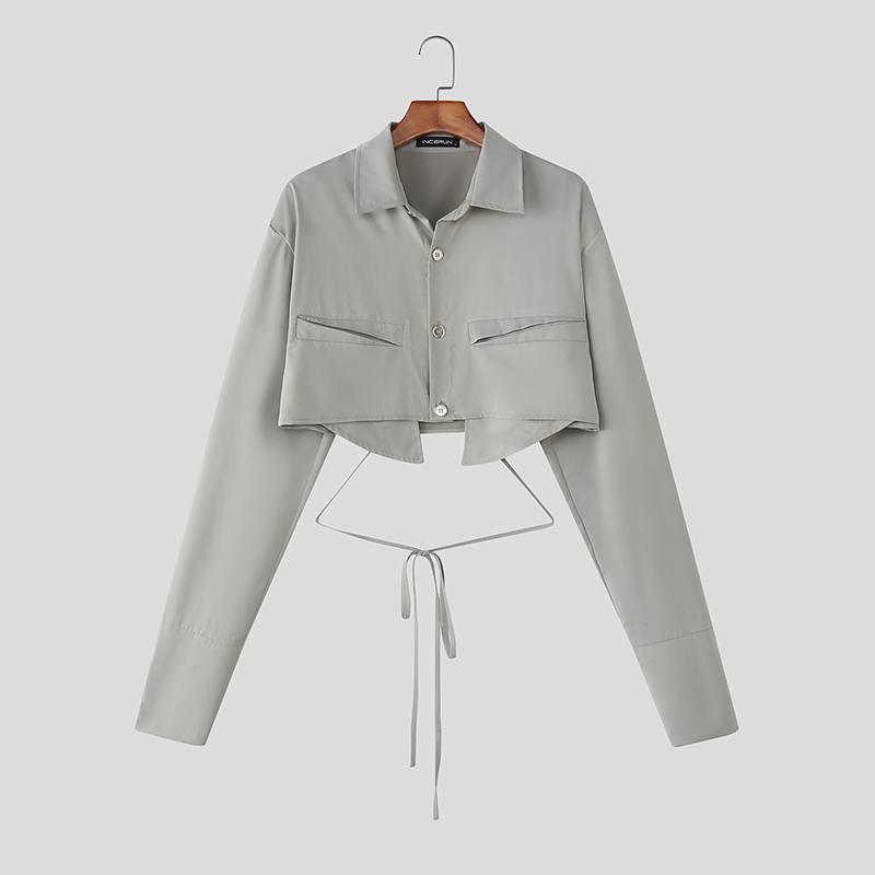 

INCERUN Мужские укороченные рубашки с лацканами, длинным рукавом и шнуровкой 5XL серый