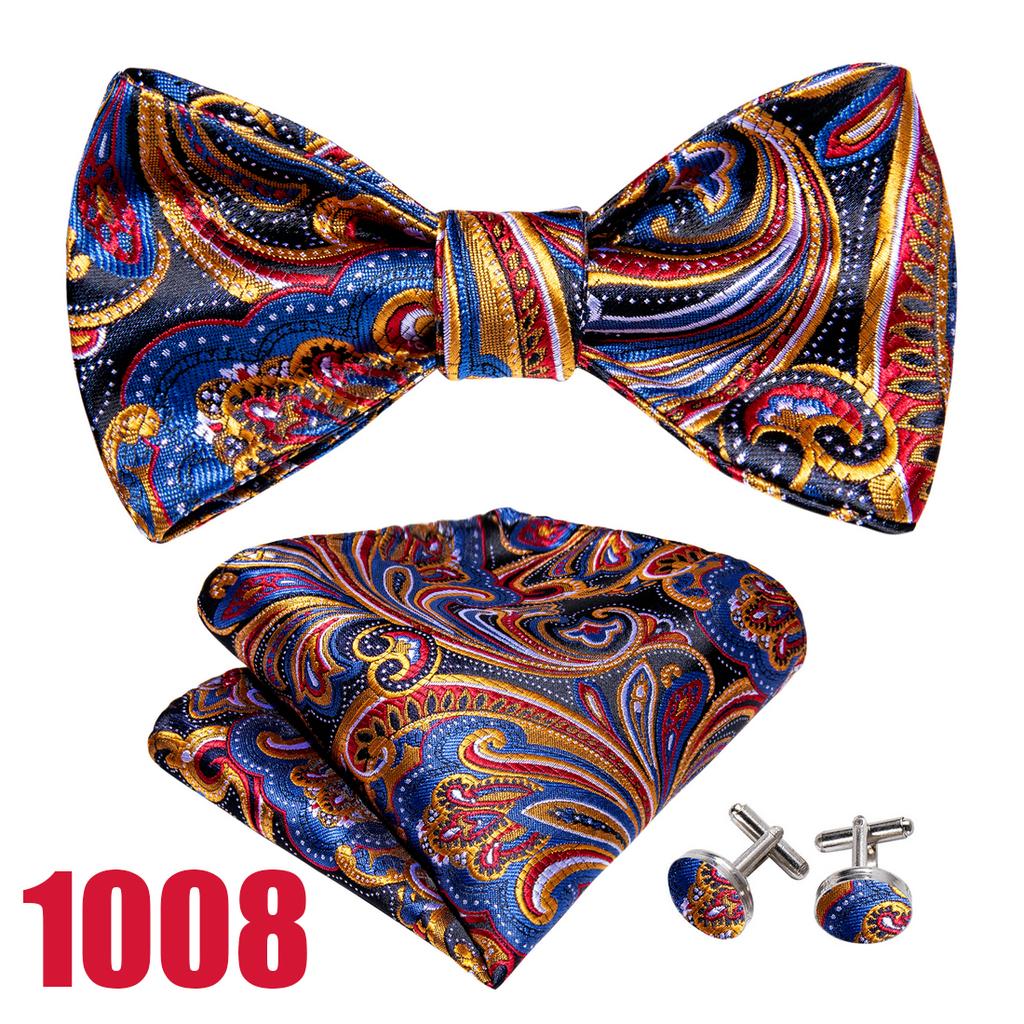 Barry.Wang Herren-Krawatten-Set aus gewebtem Satin, Jacquare-Seide, florales Fliege-Einstecktuch-Manschettenknopf-Set