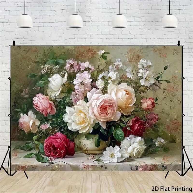 2D Flat Printing Rose Oil Painting Backdrop with Vase and Blooms