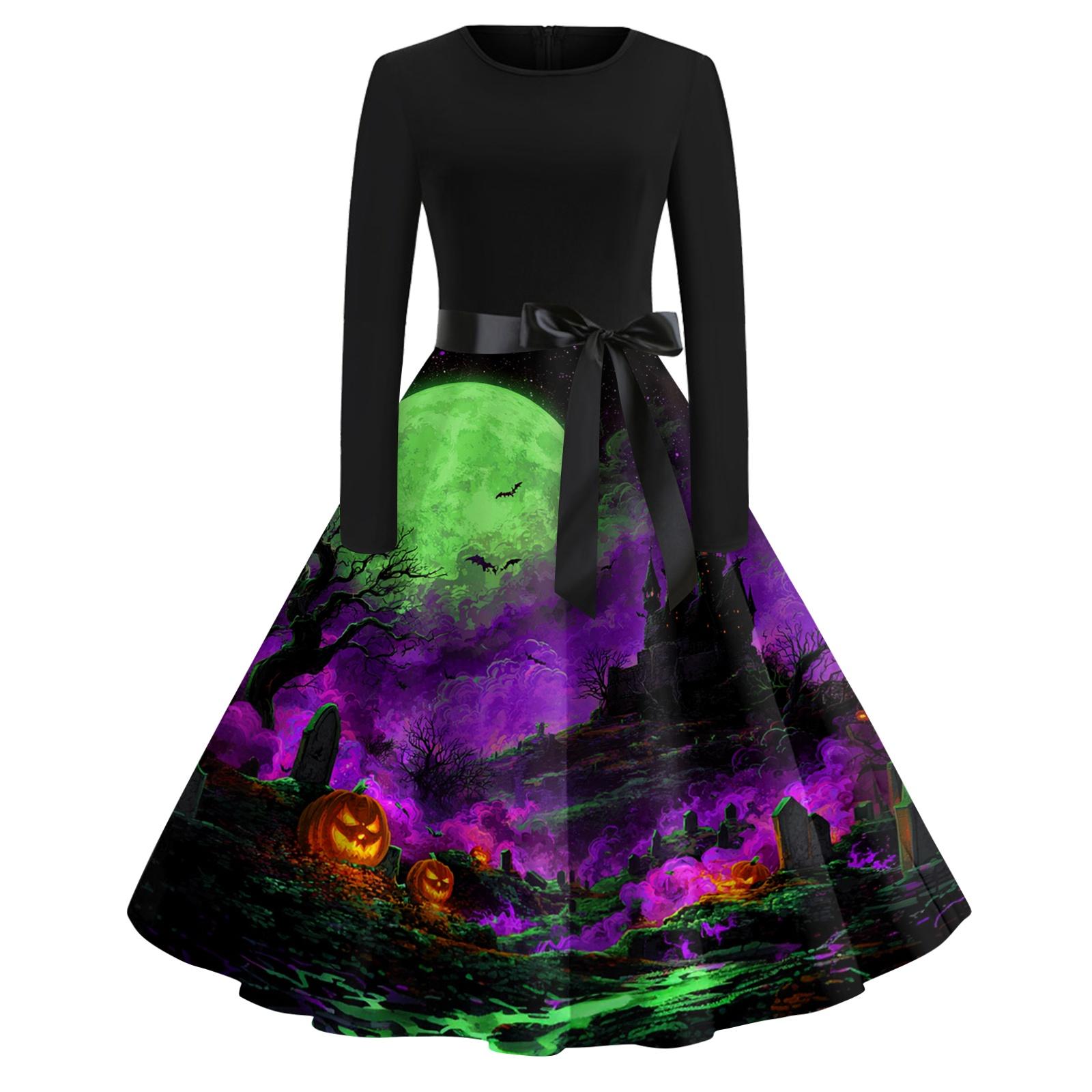 

Women s Vintage Long Sleeve Round Neck Halloween Party Dress with Printed Skirt and Waist Tie Elegant Retro Style L зелёный
